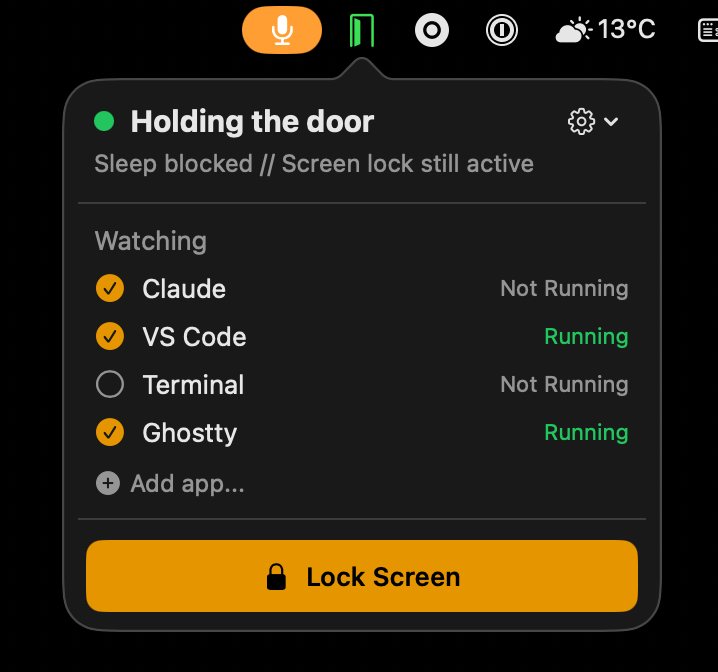 Holdor app showing active sleep protection with Claude running